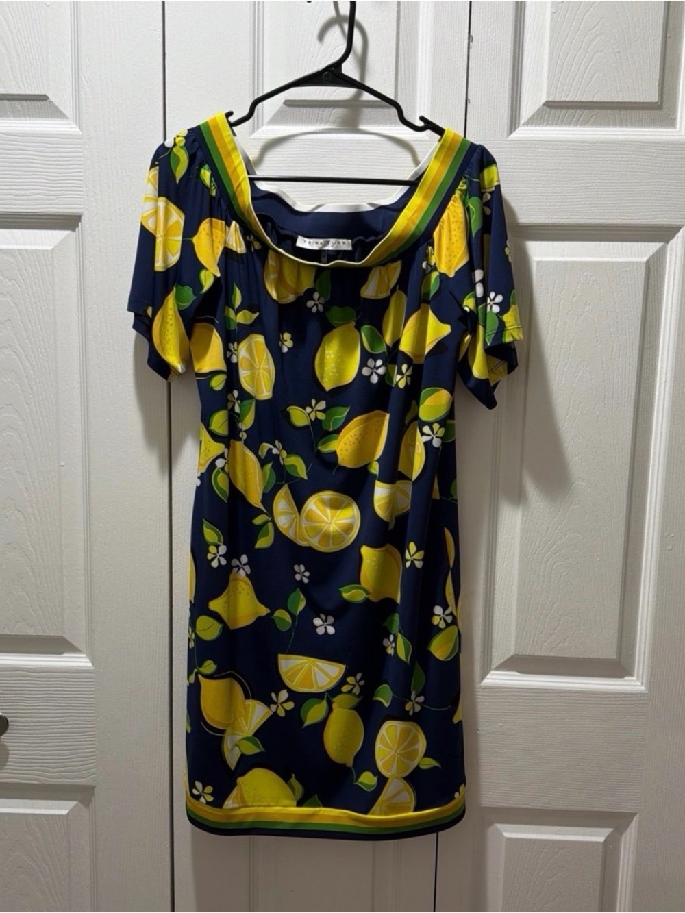 Trina Turk Size M Kelso Off-The-Shoulder Navy Vibrant Lemon Print Dress